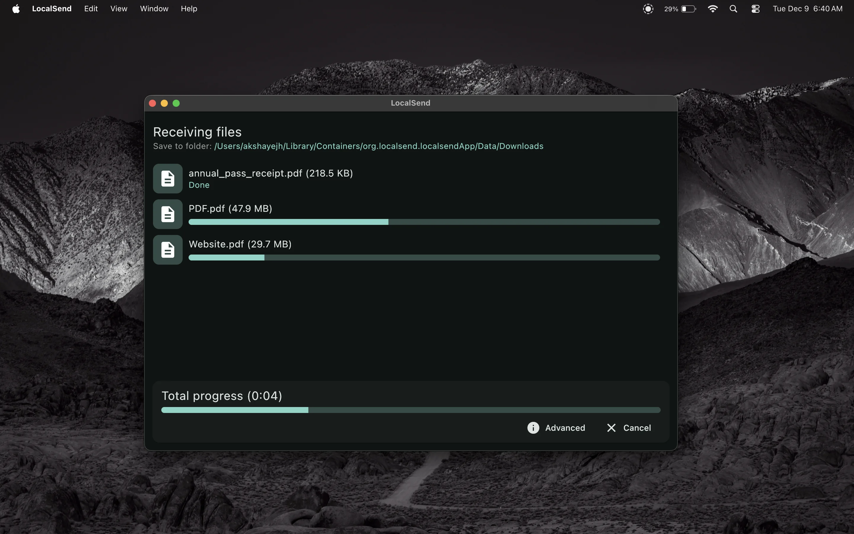 LocalSend macOS 接收文件界面
