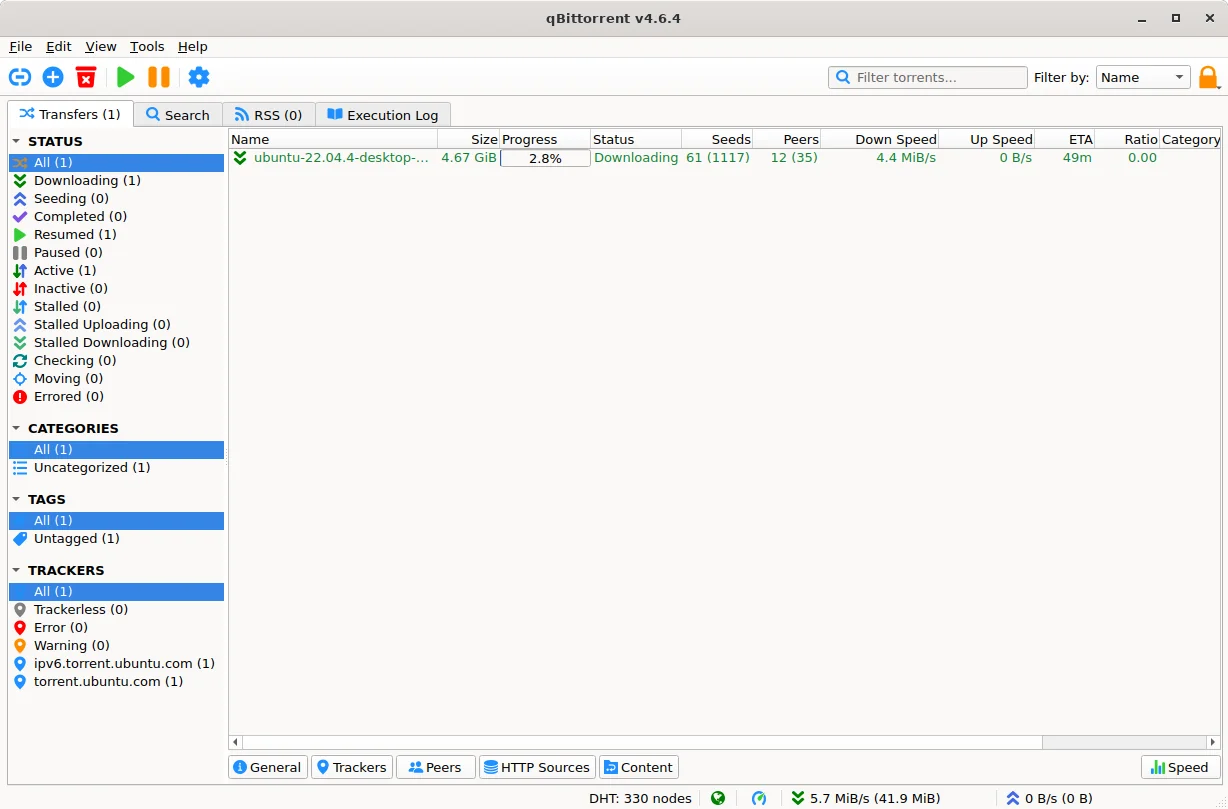 qBittorrent 下载主界面